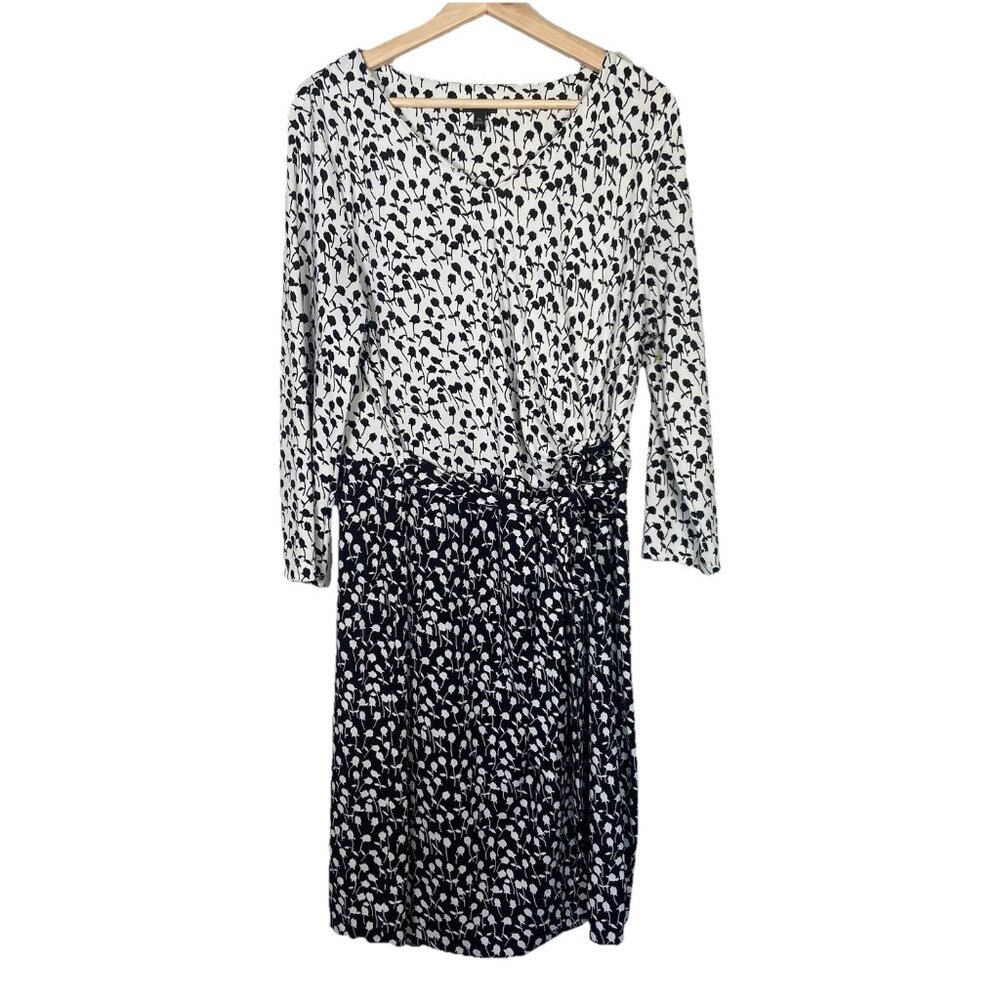 Talbots Dress Size XL Long Sleeve Black White Floral Stretch Faux Wrap Midi‎
